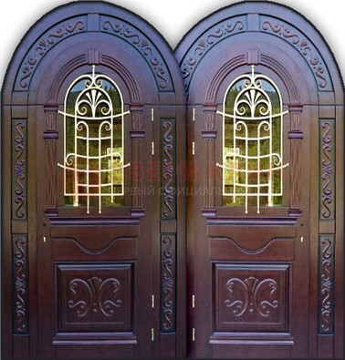 Индивидуальная арочная дверь со стеклом и ковкой ДА-19 в Раменском