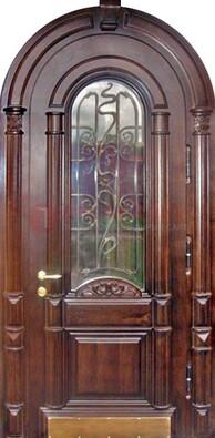 Арочная металлическая дверь массив со стеклом и ковкой ДА-50 в Раменском