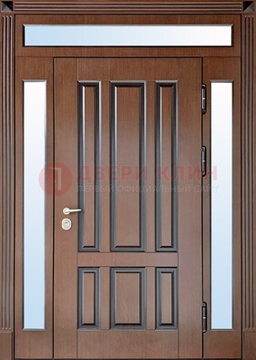 Железная дверь со стеклом и фрамугами в коричневом цвете ДФГ-8 в Раменском