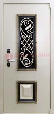 Белая стальная дверь с ковкой со стеклопакетом и МДФ ДК-30 в Раменском