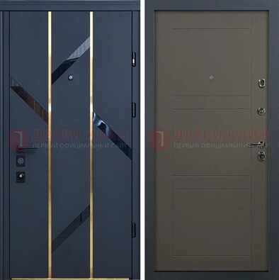Темная металлическая дверь МДФ со стеклянными вставками ДМ-288 в Раменском