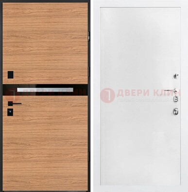 Железная коричневая дверь с МДФ в белом цвете ДМ-313 в Раменском
