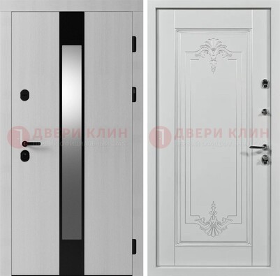 Белая металлическая дверь МДФ с зеркальной вставкой ДМ-324 в Раменском