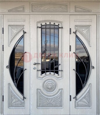 Большая парадная дверь Винорит со стеклом и ковкой ДПР-108 в Раменском