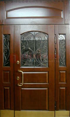 Стальная парадная дверь со вставками из стекла и ковки ДПР-30 в коттедж в Раменском