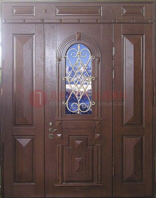 Стальная парадная дверь со стеклом и ковкой ДПР-4 для коттеджа в Раменском