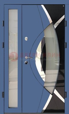 Синяя металлическая дверь со стеклом и узором ДС-13 в Раменском