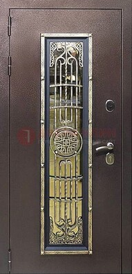 Железная дверь цвета медный антик со стеклом и ковкой ДСК-105 в Раменском