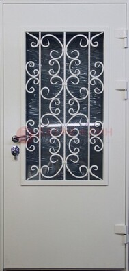 Простая железная дверь со стеклом и ковкой ДСК-11 в Раменском