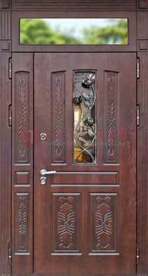 Коричневая железная дверь со стеклом и ковкой на улицу ДСК-127 в Раменском