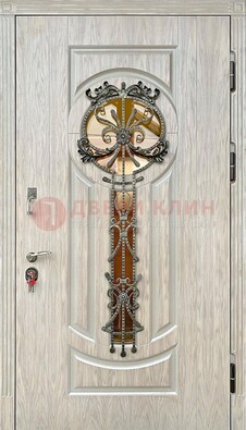 Светлая железная дверь со стеклом ковкой для коттеджа ДСК-134 в Раменском