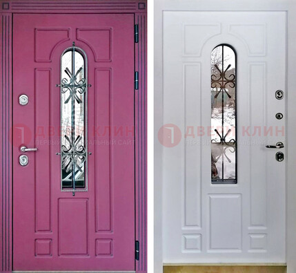 Розовая металлическая дверь со стеклом и ковкой ДСК-151 в Раменском