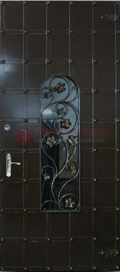 Высокая железная дверь со стеклом и ковкой ДСК-15 в Раменском