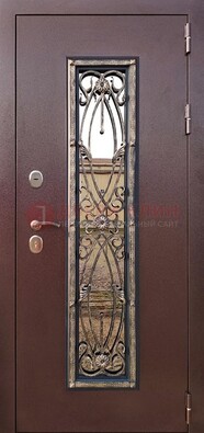Коричневая стальная дверь порошок со стеклом и ковкой для дома ДСК-169 в Раменском