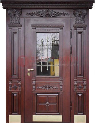 Железная парадная дверь массив дуба со стеклом и ковкой ДСК-175 в Раменском