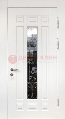 Белая стальная дверь винорит со стеклом и ковкой ДСК-191 в Раменском