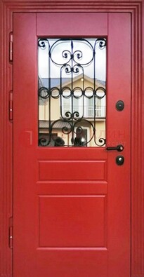 Красная железная дверь Винорит со стеклом и ковкой ДСК-205 в Раменском