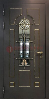 Темная входная дверь Винорит со стеклом и ковкой ДСК-211 в Раменском
