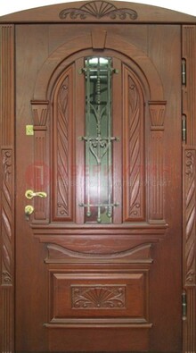 Узорная железная дверь массив со стеклом и ковкой ДСК-247 в Раменском