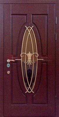 Бордовая стальная дверь Винорит со стеклом и ковкой ДСК-263 в Раменском