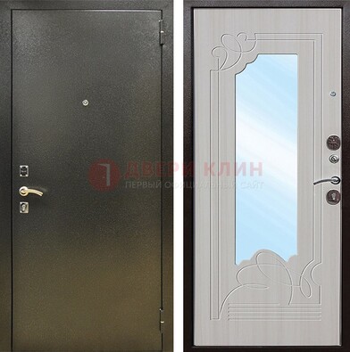 Входная темно-серая дверь c порошковым покрытием и МДФ с резьбой и зеркалом ДЗ-113 в Раменском