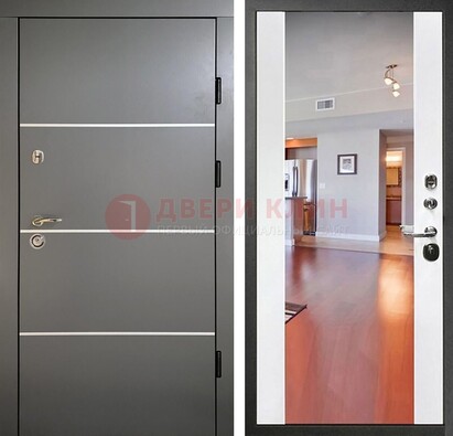 Темная коричневая входная дверь с зеркалом МДФ белая внутри ДЗ-131 в Раменском