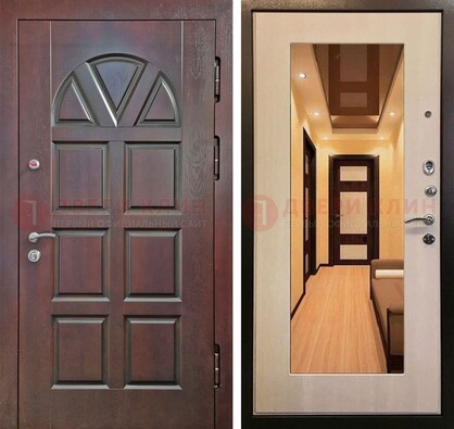 Темная железная дверь с МДФ и зеркалом в квартиру ДЗ-135 в Раменском
