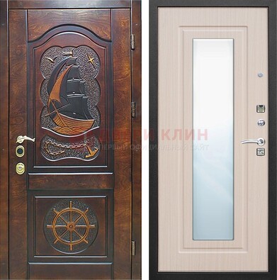 Темная уличная дверь с резьбой и зеркалом внутри ДЗ-49 в Раменском