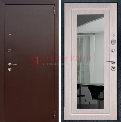 Входная дверь с порошковым напылением Медный антик/Белый дуб с зеркалом ДЗ-63 в Раменском