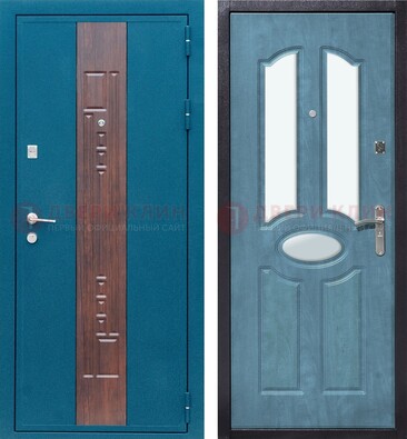 Голубая металлическая дверь МДФ с тремя зеркальными вставками ДЗ-78 в Раменском