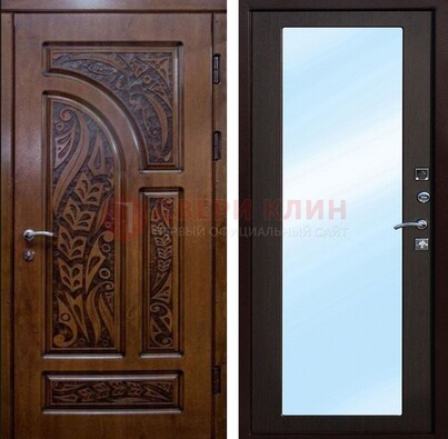 Коричневая входная дверь c узором и виноритом МДФ с зеркалом ДЗ-98 в Раменском