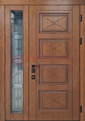 Современная полуторная стальная дверь Винорит со стеклом и ковкой ПЛ-27 в Раменском