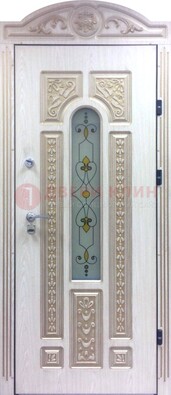 Белая железная дверь с МДФ и витражом ВЖ-26 в Раменском