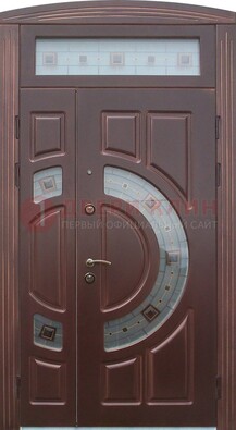 Коричневая двухстворчатая железная дверь с МДФ и витражом ВЖ-29 в Раменском