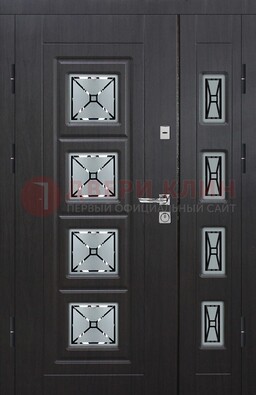 Чёрная двухстворчатая железная дверь с МДФ и витражом ВЖ-35 в Раменском