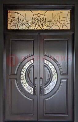Чёрная двухстворчатая железная дверь с МДФ и витражом ВЖ-38 в Раменском