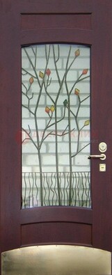 Бордовая стальная дверь с витражом и декоративным элементом ВЖ-3 в Раменском